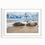 Textured abstract art print depicting a European scenery in muted earth tones on a framed white canvas.