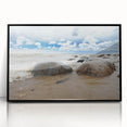 Large abstract wall art depicting a European Estonian scenery in muted earth tones, framed in black acrylic.