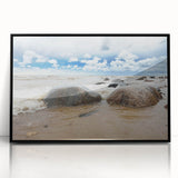 Large abstract wall art depicting a European Estonian scenery in muted earth tones, framed in black acrylic.