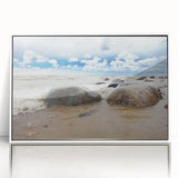 Mid-century modernist art depicting a serene European Estonian landscape in soft pastel shades, framed acrylic.