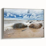 Framed canvas of a vintage-style landscape painting depicting a European scene in colorful art tones.