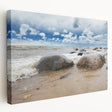 Scenic view of a European city in Estonia depicted in muted watercolor tones on a large stretched canvas.