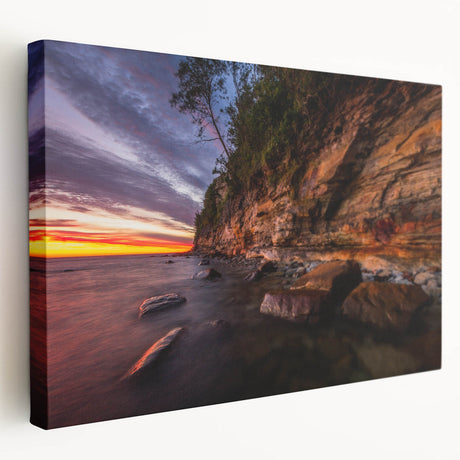Large art depicting a serene Finnish landscape in muted green and blue tones on stretched canvas.