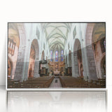 Mid-century modernist art of the French Alps in muted blue and white tones, acrylic framed poster.