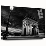 Large abstract depiction of Paris scenery in muted blue and gray tones on acrylic glass.