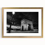 Abstract art print of Paris skyline in muted gold and gray tones on a framed canvas, suitable for dining room decor.