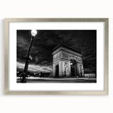 Extra large wall art of an abstract Paris scenery in textured tones of gray and blue, framed in silver.