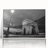 Framed acrylic print of a mid-century modernist Paris skyline in muted gray and blue tones, suitable for nursery wall art.