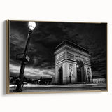 Framed canvas depicting vintage Paris landscape in black and gold tones, ideal for bedroom wall art.