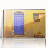 Mid-century modernist art of Provence scenery on a white framed acrylic, featuring soft pastel hues.