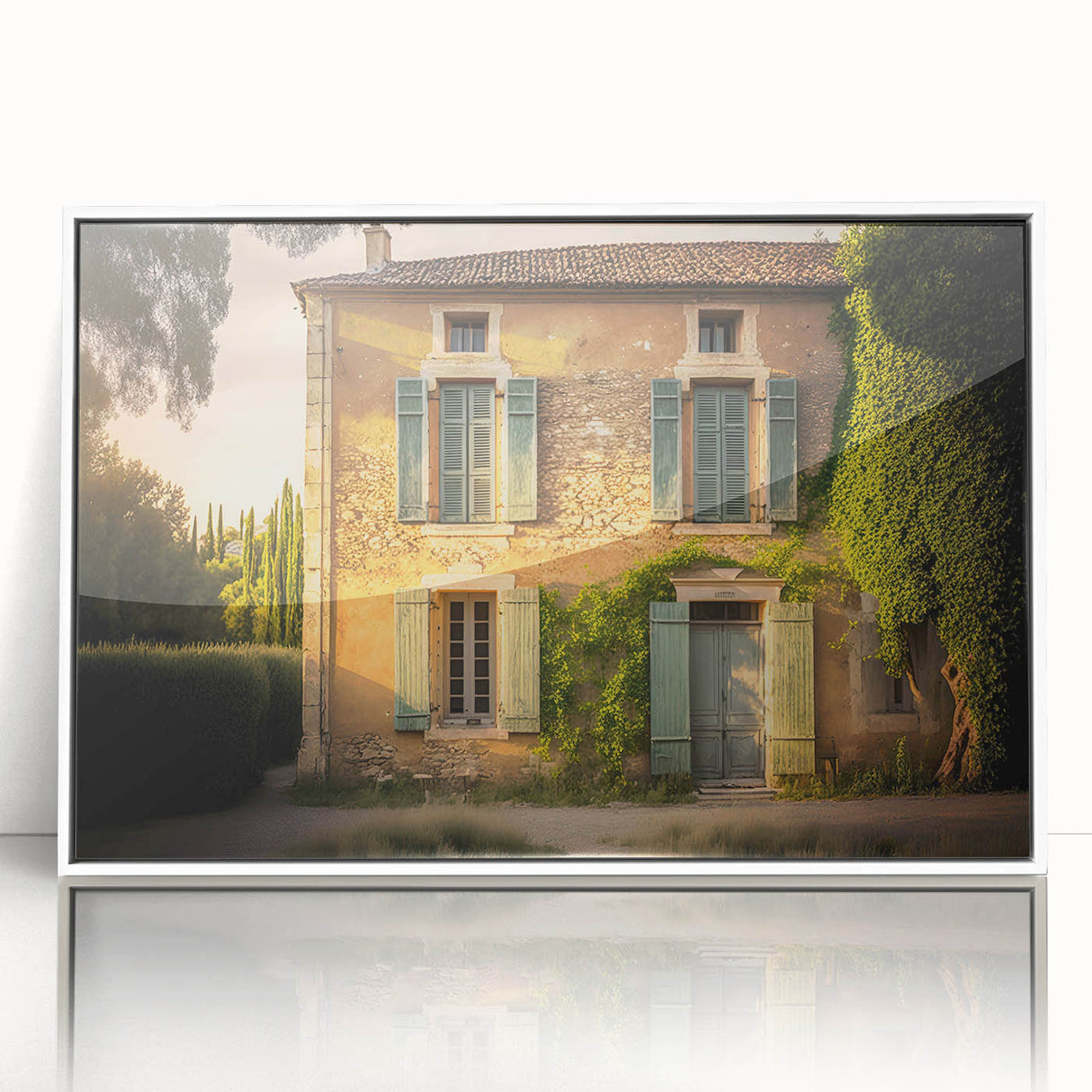 Mid-century modernist art of a serene French landscape in pastel shades, framed acrylic, ideal for nursery wall art.