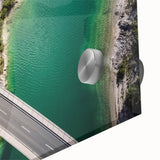 Close-up of a large abstract wall art depicting Bavarian scenery in muted earth tones on acrylic glass.