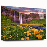 Large abstract wall art of a serene Iceland landscape in muted blues and greens on acrylic glass.