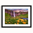 Abstract art print of a vibrant Icelandic landscape in a black frame, ideal for living room decor.