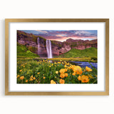 Abstract art print of a European Iceland scenery in muted blue and gray tones on a framed gold mat.