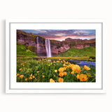 Textured art print depicting an abstract Icelandic landscape in muted gray and blue tones, framed with a white mat.