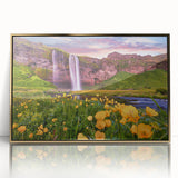 Art deco poster featuring a serene Icelandic landscape in muted blue and green tones, framed in acrylic.