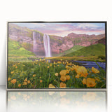 Large art print of a serene Iceland landscape in muted gray and blue tones on framed acrylic.