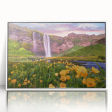 Mid-century modernist art depicting a serene Icelandic landscape in cool blue and gray tones on a framed acrylic panel.