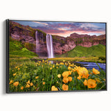 Black and white framed canvas featuring a vintage-style Icelandic landscape, ideal for bedroom wall art.