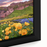 Black wall art featuring a textured Icelandic scenery on framed canvas, with vivid colors, ideal for living room decor.