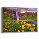 Framed canvas featuring a vintage-style Icelandic landscape in muted gold and black tones, suitable for bedroom decor.