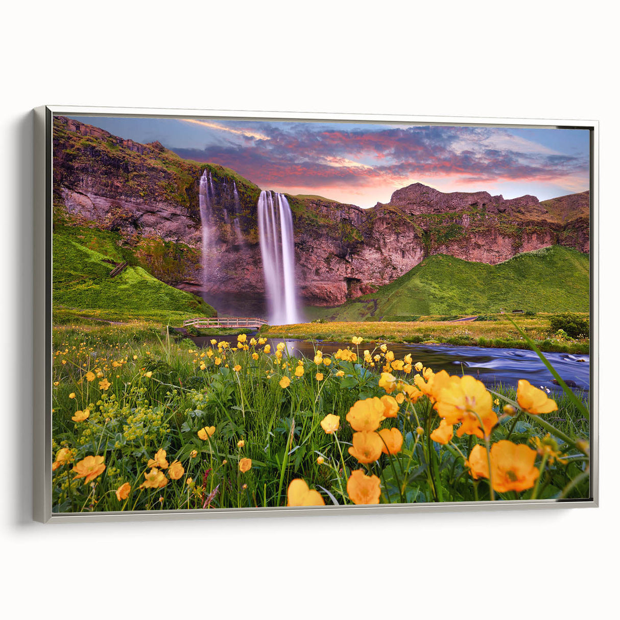 Landscape art painting of an Icelandic scenery on framed canvas, featuring a blend of colorful and black tones.