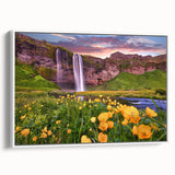 Framed vintage poster art of an Icelandic landscape in colorful hues on extra large canvas, suitable for living room decor.