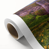 Art Deco style poster of a serene Icelandic landscape in cool blue and green tones on rolled canvas.