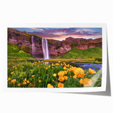 Rolled canvas print of a serene Icelandic landscape, featuring muted green and blue tones, ideal for dining room wall art.