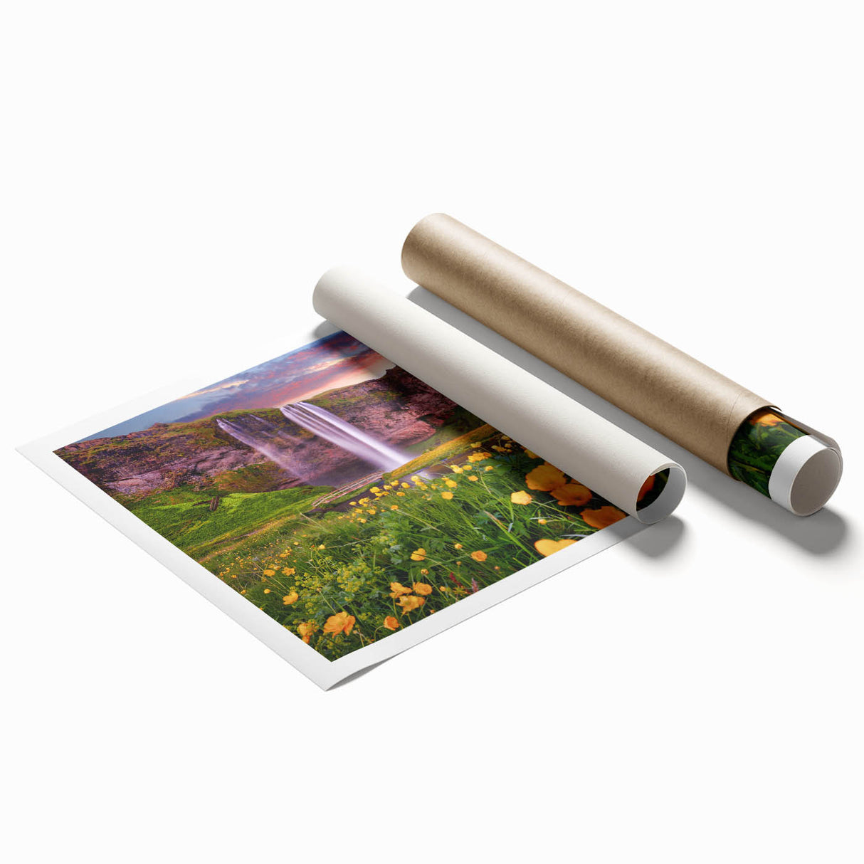 Extra large rolled print of a serene Icelandic landscape, featuring muted earth tones, ideal for classy bathroom wall art.