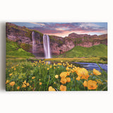 Black and white photograph of a serene Icelandic landscape on large stretched canvas.