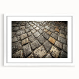 Abstract art print of Rome's cityscape in muted earth tones on a framed white mat, suitable for dining room decor.