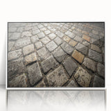 Mid-century modernist art of Rome scenery in muted earth tones on a white framed acrylic, ideal for modern art wall decor.