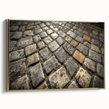 Framed canvas wall art featuring a vintage poster of Rome's landscape in black and gold, ideal for bedroom decor.