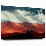 Large abstract wall art of a European scenery in muted earth tones on acrylic glass, ideal for bedroom or dining room decor.