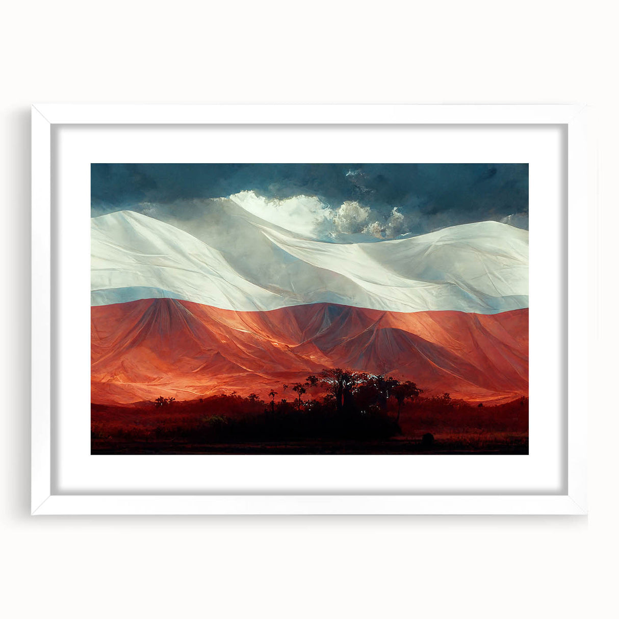Textured abstract art print of a European scenery in muted earth tones, framed in white, ideal for bedroom art.