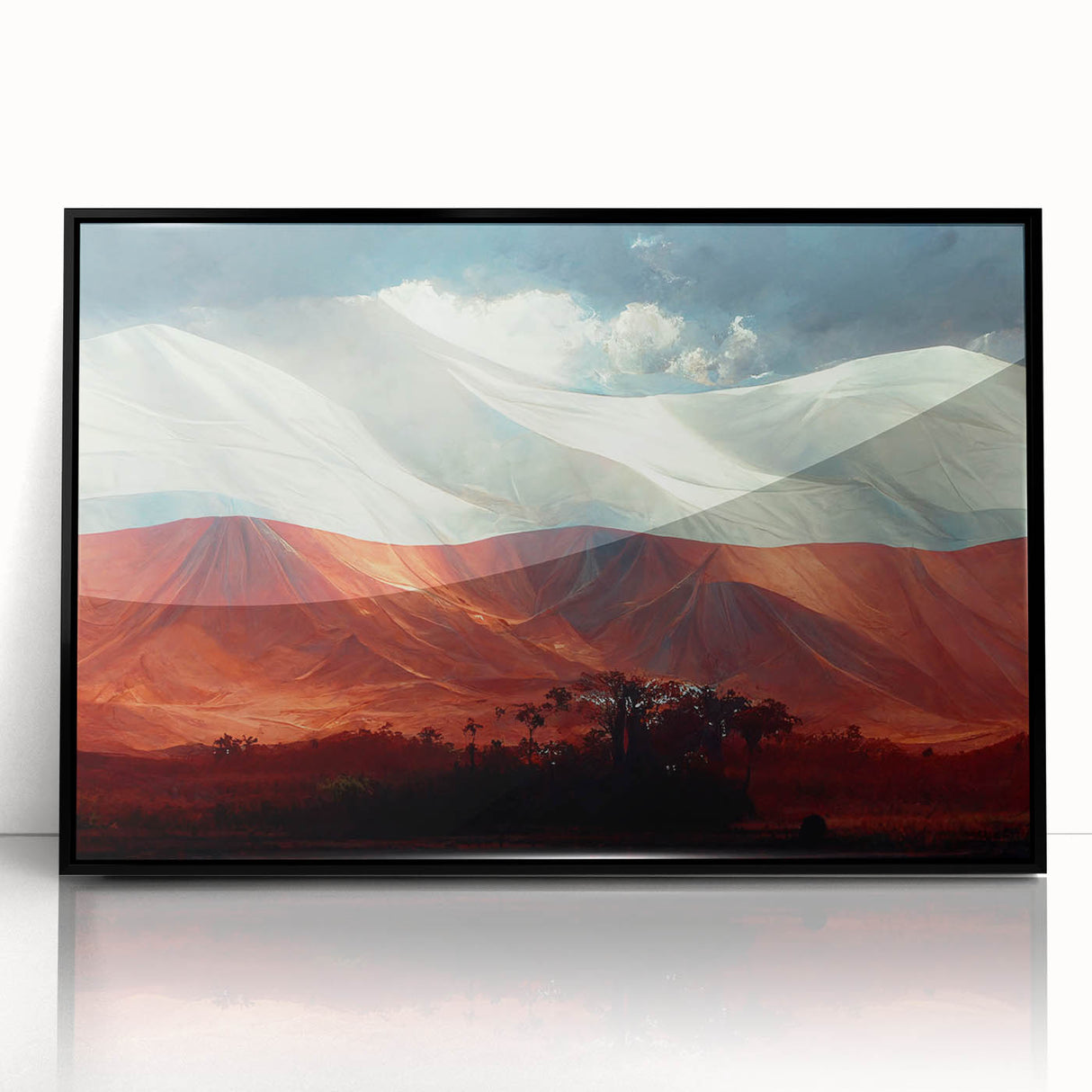 Large abstract wall art of a Polish landscape in muted earth tones, framed in black acrylic.