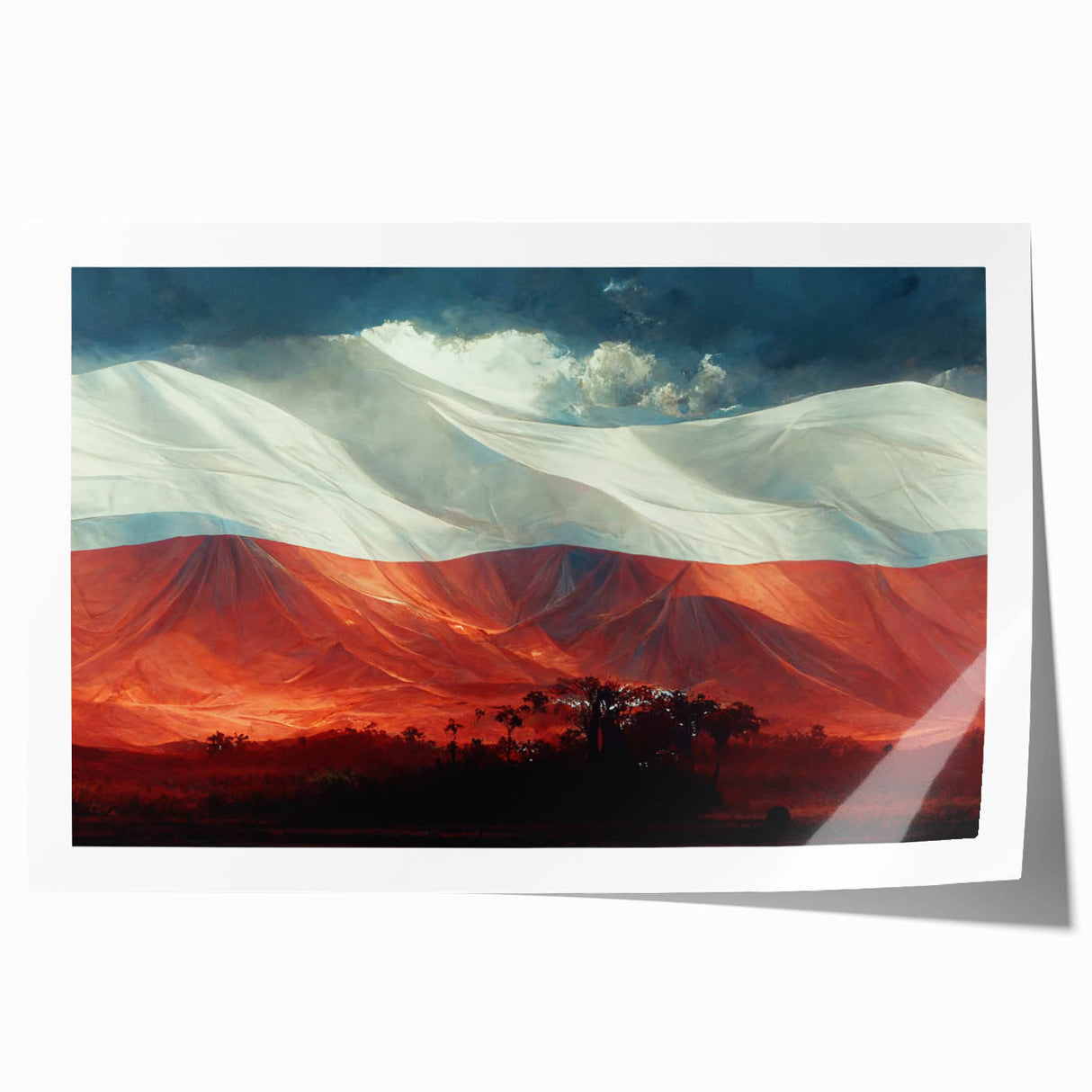 Extra large rolled print of a European Polish landscape in muted green and blue tones, ideal for dining room wall art.