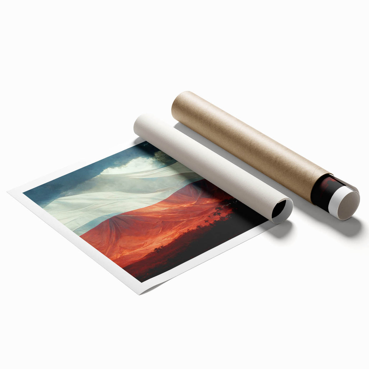 Extra large rolled print of a European scenery with floral elements in soft pastel shades.