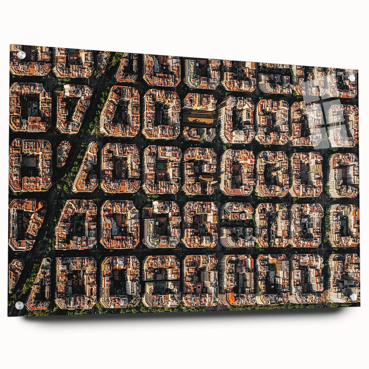 Acrylic print of a large abstract depiction of Barcelona with vibrant hues, suitable for bedroom or dining room decor.