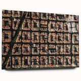 Large abstract wall art of Barcelona cityscape in muted tones on acrylic glass, suitable for bedroom or dining room decor.