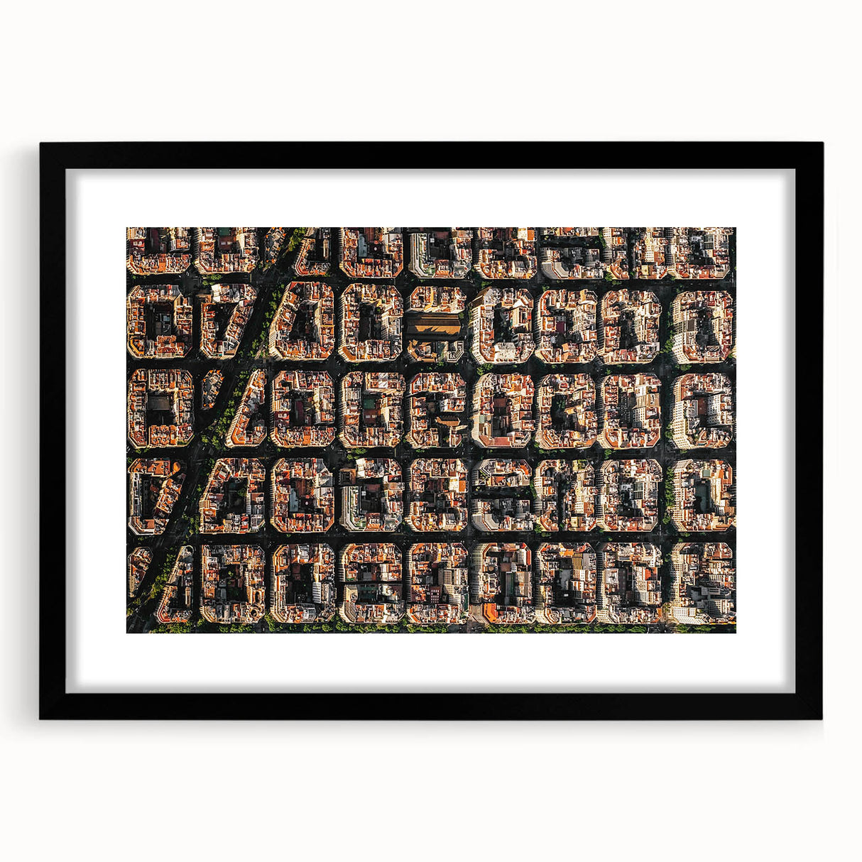 Extra large textured abstract art print of colorful Barcelona scenery on a black framed canvas, ideal for living room decor.
