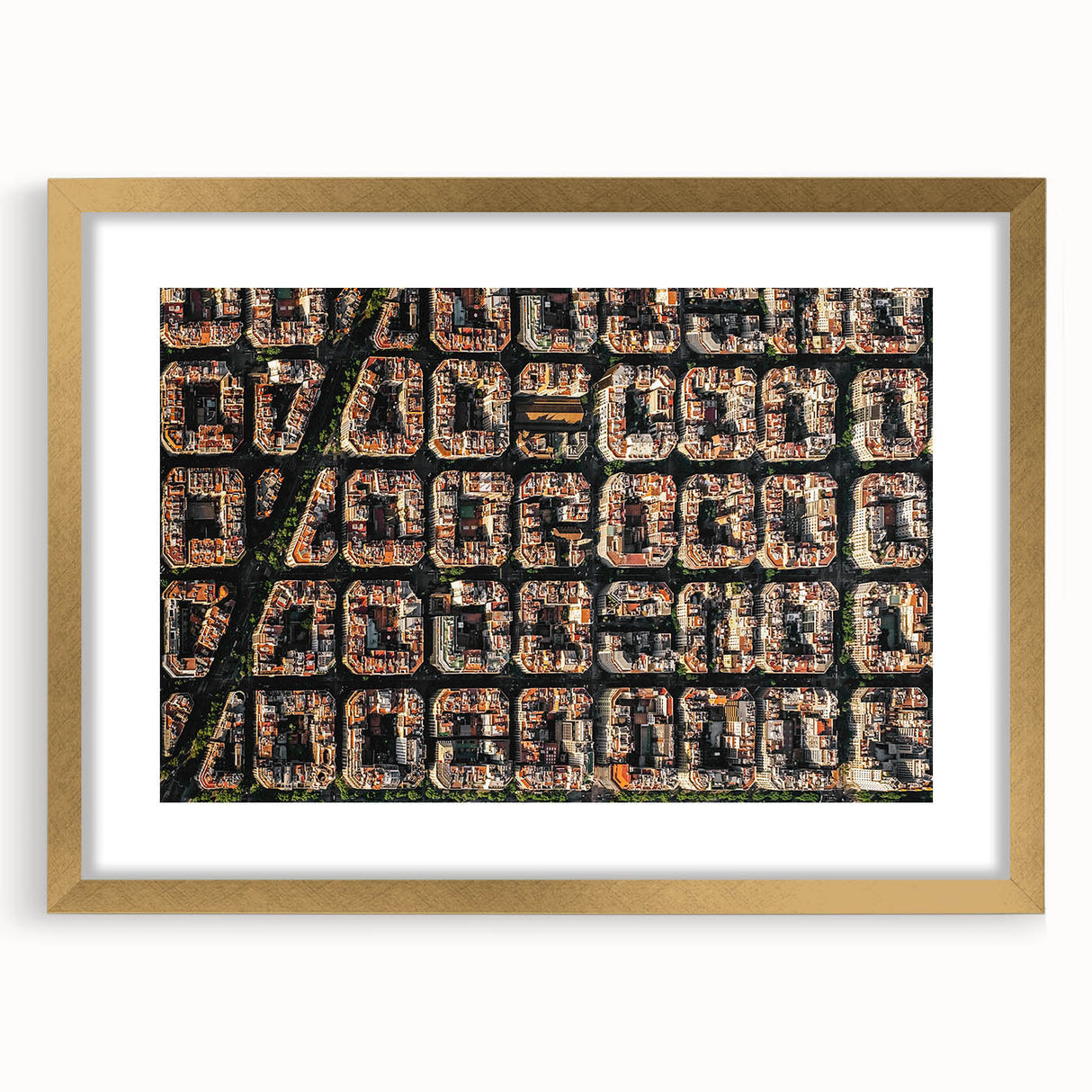 Abstract art print of Barcelona with vibrant hues on a gold-framed mat, ideal for dining room decor.