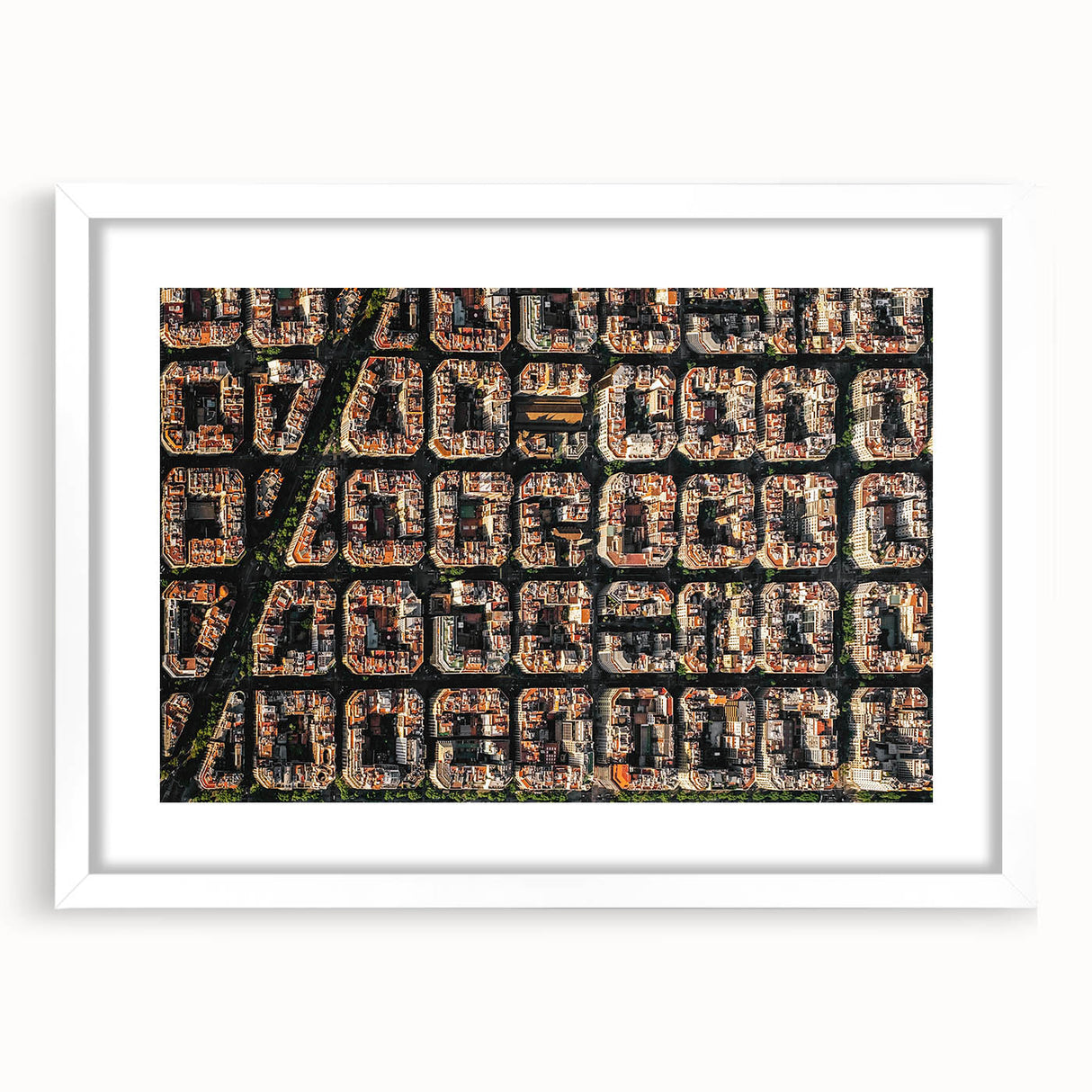 Textured art print of an abstract Barcelona cityscape in muted earth tones, framed with a white mat, ideal for bedroom art.