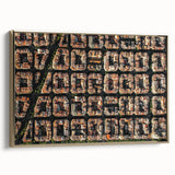Framed canvas depicting a vintage landscape of Barcelona in muted gold and black, ideal for bedroom wall art.