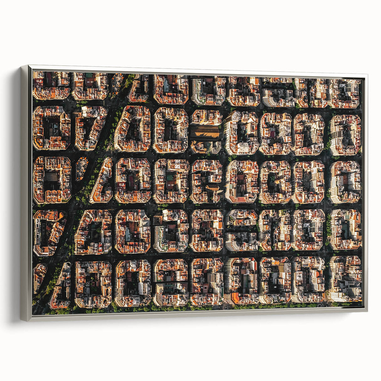 Landscape art painting of Barcelona with a vintage poster style on a framed canvas.