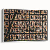 Framed canvas depicting a vintage poster art of Barcelona scenery in colorful art palette, ideal for living room decor.