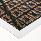 Art deco poster of Barcelona skyline in muted tones on rolled canvas, suitable for dining room decor.