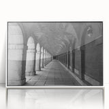 Art deco poster of Madrid skyline in muted pastel shades on white framed acrylic, suitable for modern art wall decor.